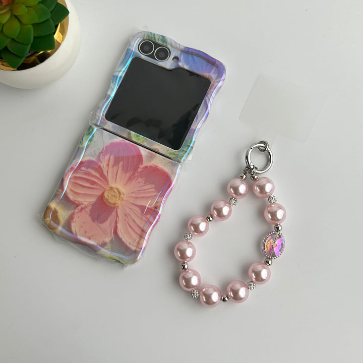 Samsung Galaxy Z Flip 6 3D Flower Painting Case Cover With Glossy Pearl Pink Bracelet