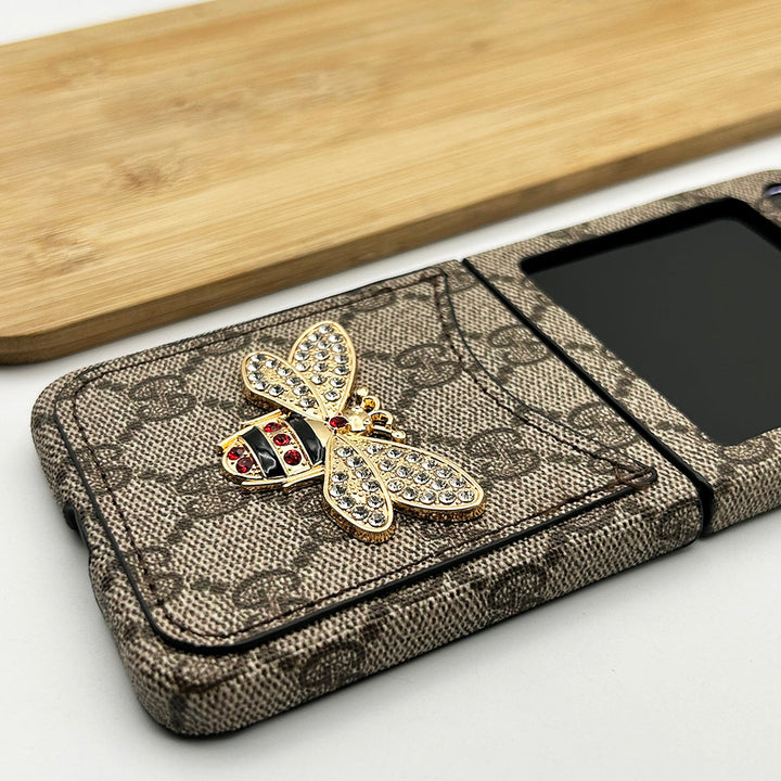 Samsung Galaxy Z Flip 6 Luxury GG 3D BEE Design Card Holder Leather Case Cover