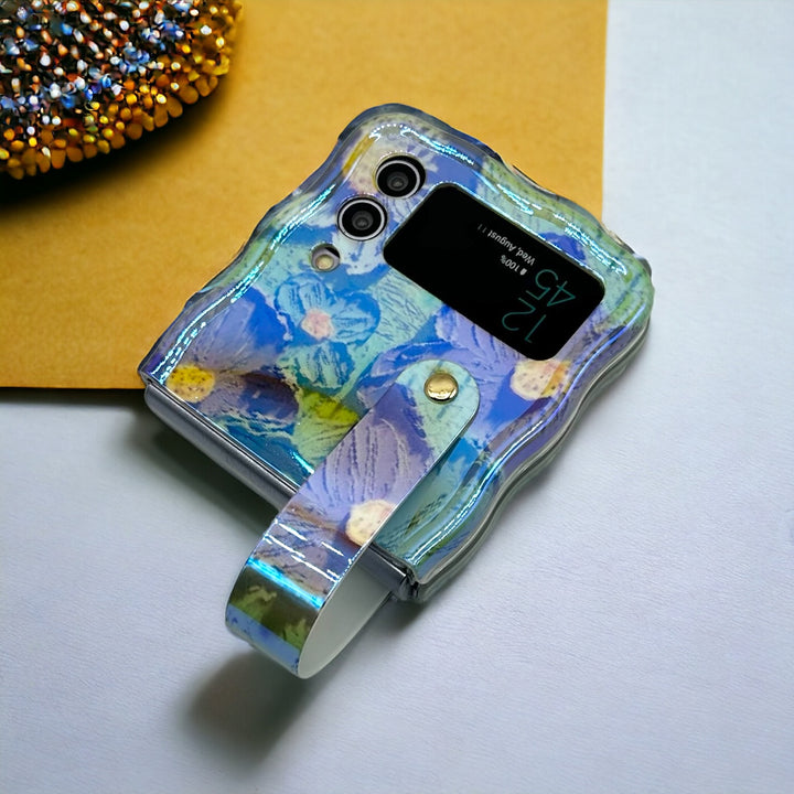 Samsung Galaxy Z Flip 4 Wavy Design Floral Print Glossy Back Case Cover With With Wriststrap Holder