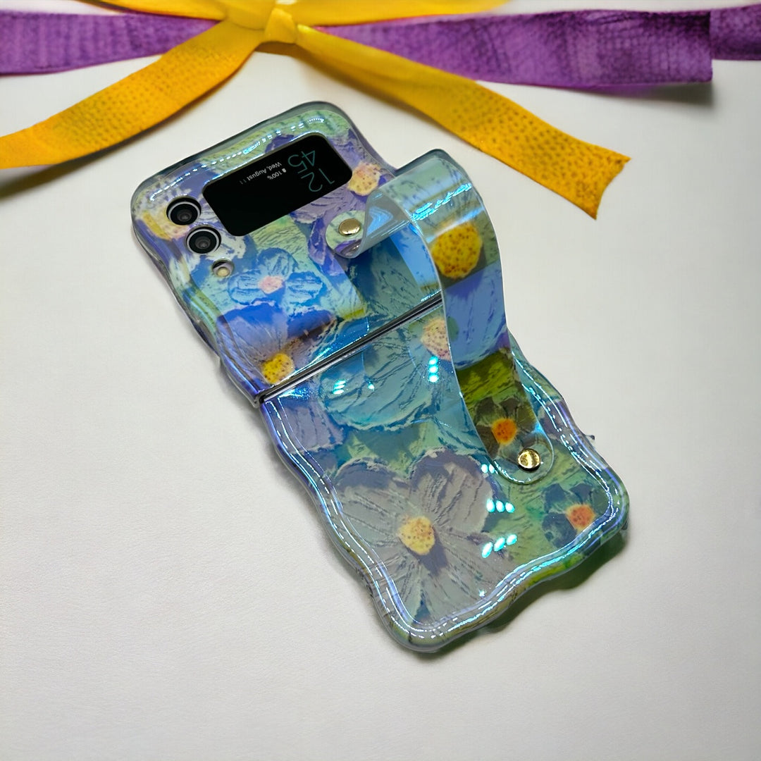 Samsung Galaxy Z Flip 4 Wavy Design Floral Print Glossy Back Case Cover With With Wriststrap Holder