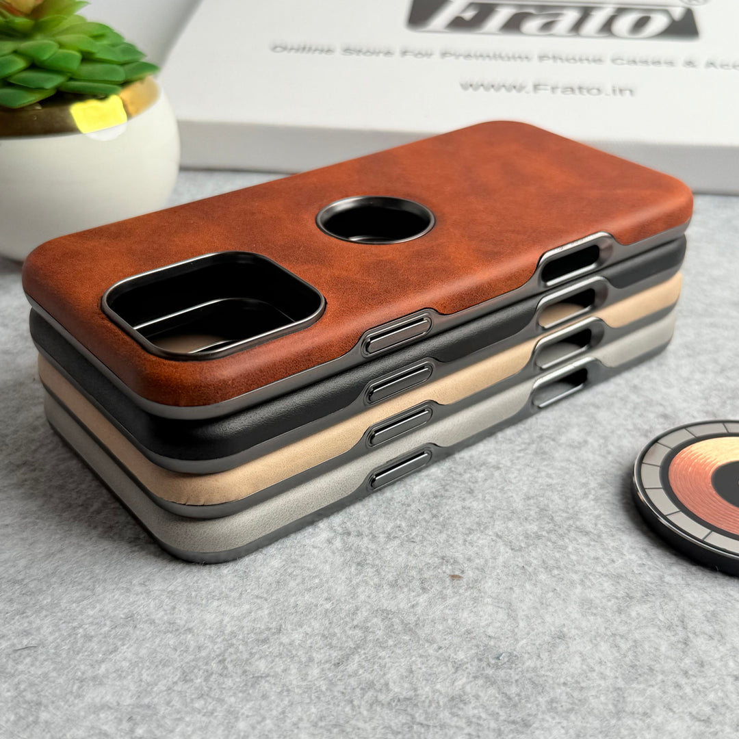 iPhone 15 Series Textured PU Leather Logo Cut MagSafe Case Cover