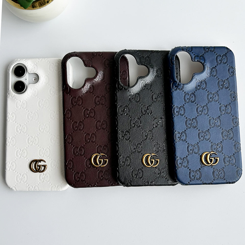 iPhone 16 Series Luxury GG Fashion Leather Brand Case Cover