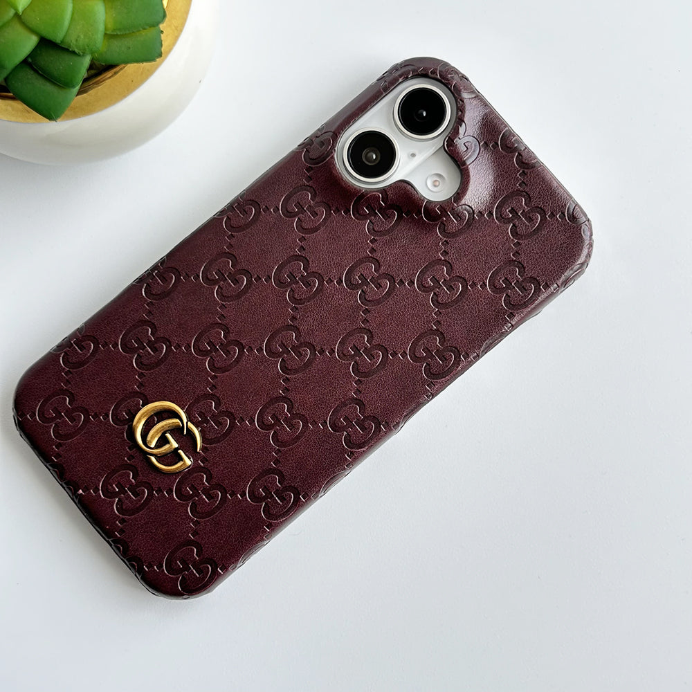 iPhone 16 Series Luxury GG Fashion Leather Brand Case Cover