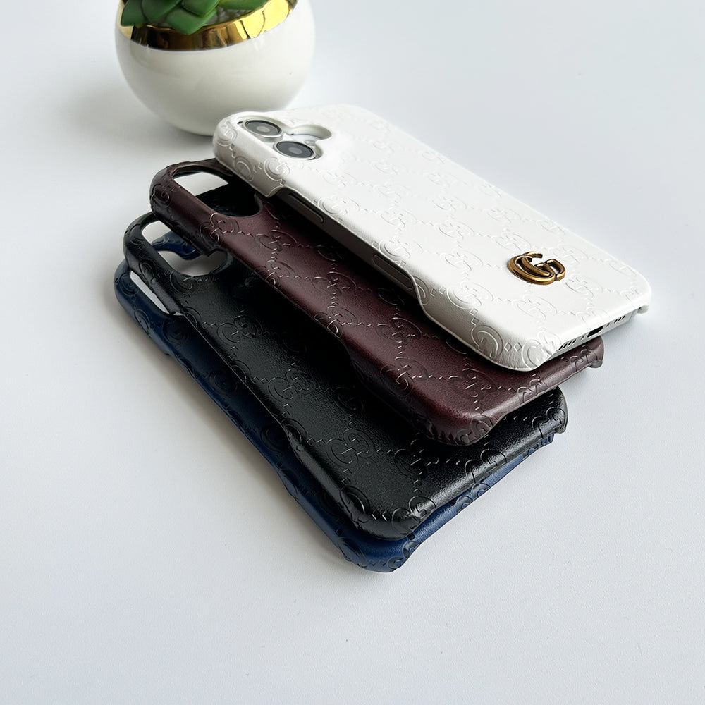 iPhone 16 Series Luxury GG Fashion Leather Brand Case Cover