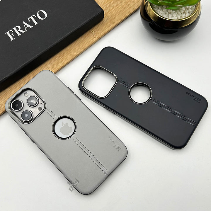 iPhone 15 series Pu Leather Case With Metal Frame Camera Protection Logocut Cover