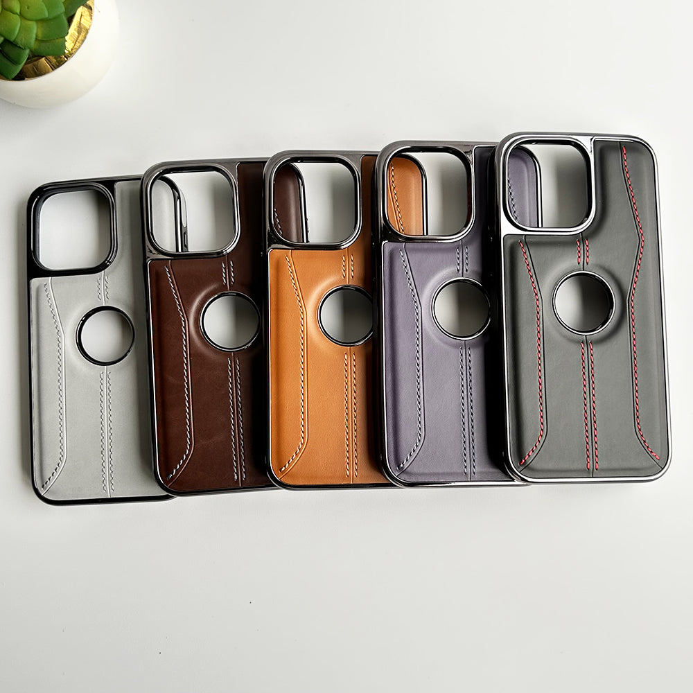 iPhone Stitch PU Leather Side Chrome Case Cover