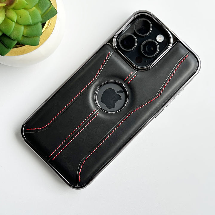 iPhone Stitch PU Leather Side Chrome Case Cover