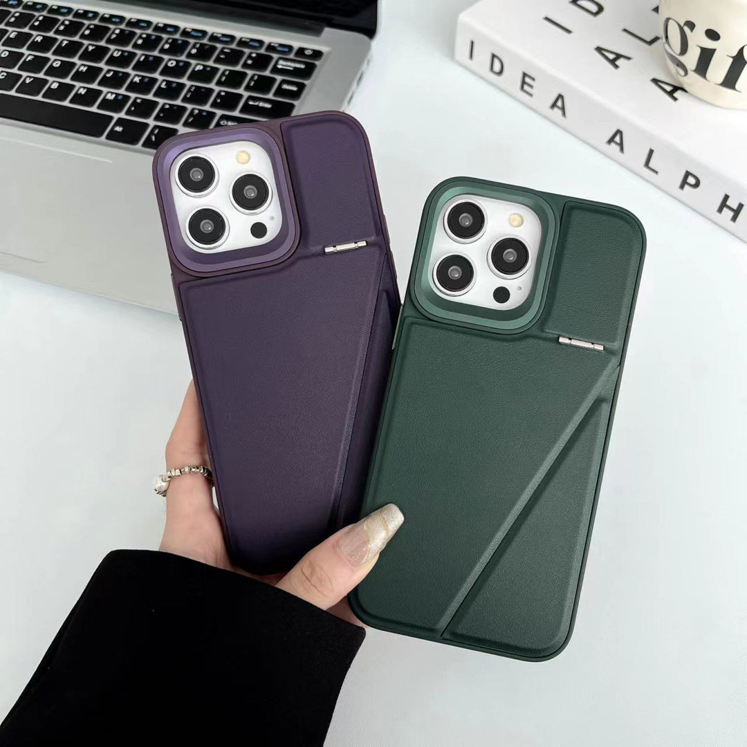 iPhone 15 Series One-Piece Hidden Kickstand Leather Back Cover