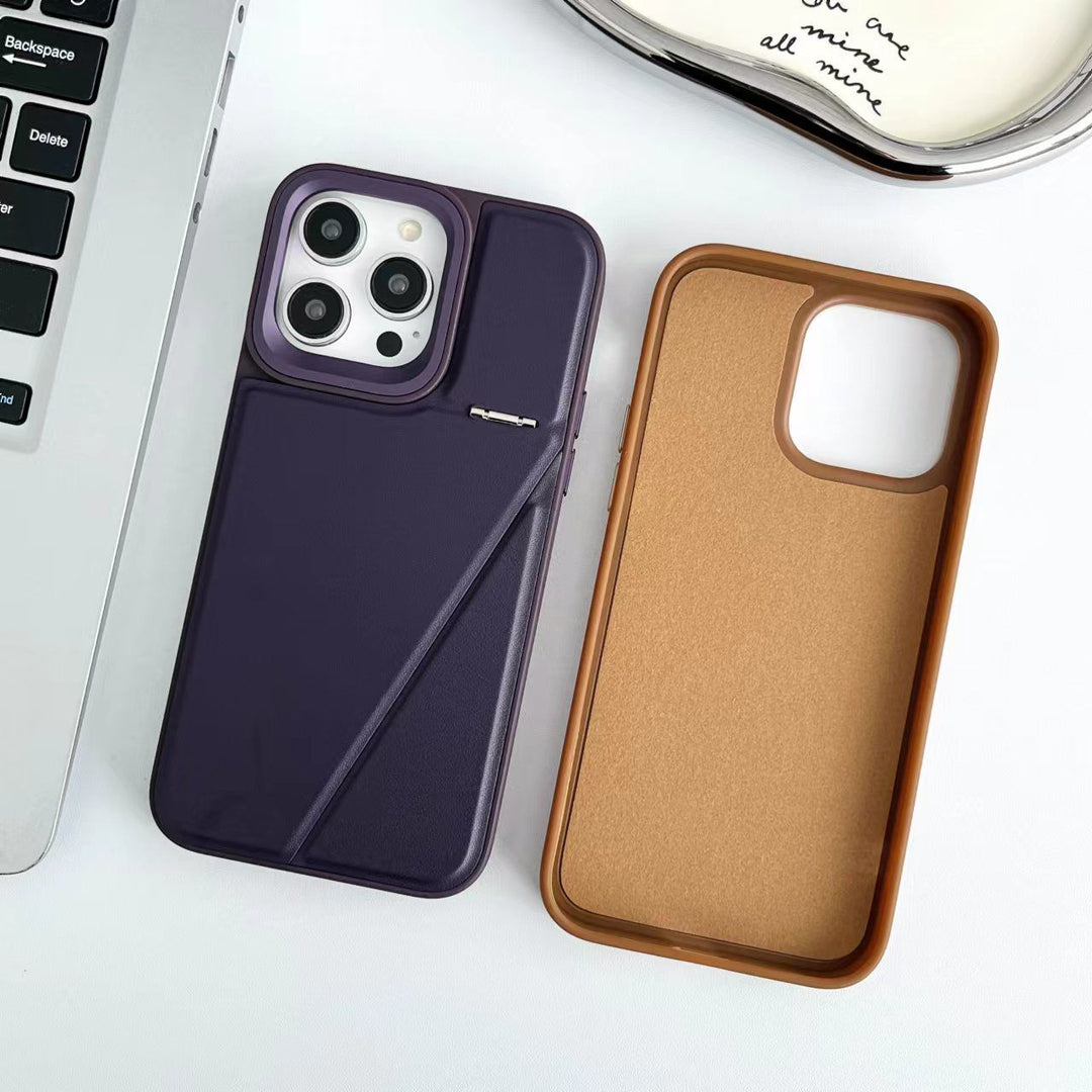 iPhone 15 Series One-Piece Hidden Kickstand Leather Back Cover