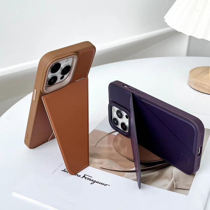 iPhone 15 Series One-Piece Hidden Kickstand Leather Back Cover