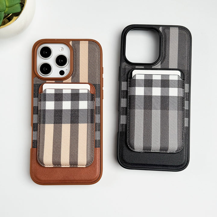 iPhone 16 Series Checks Leather Case With Detachable Magnetic Magsafe Card Holder Cover