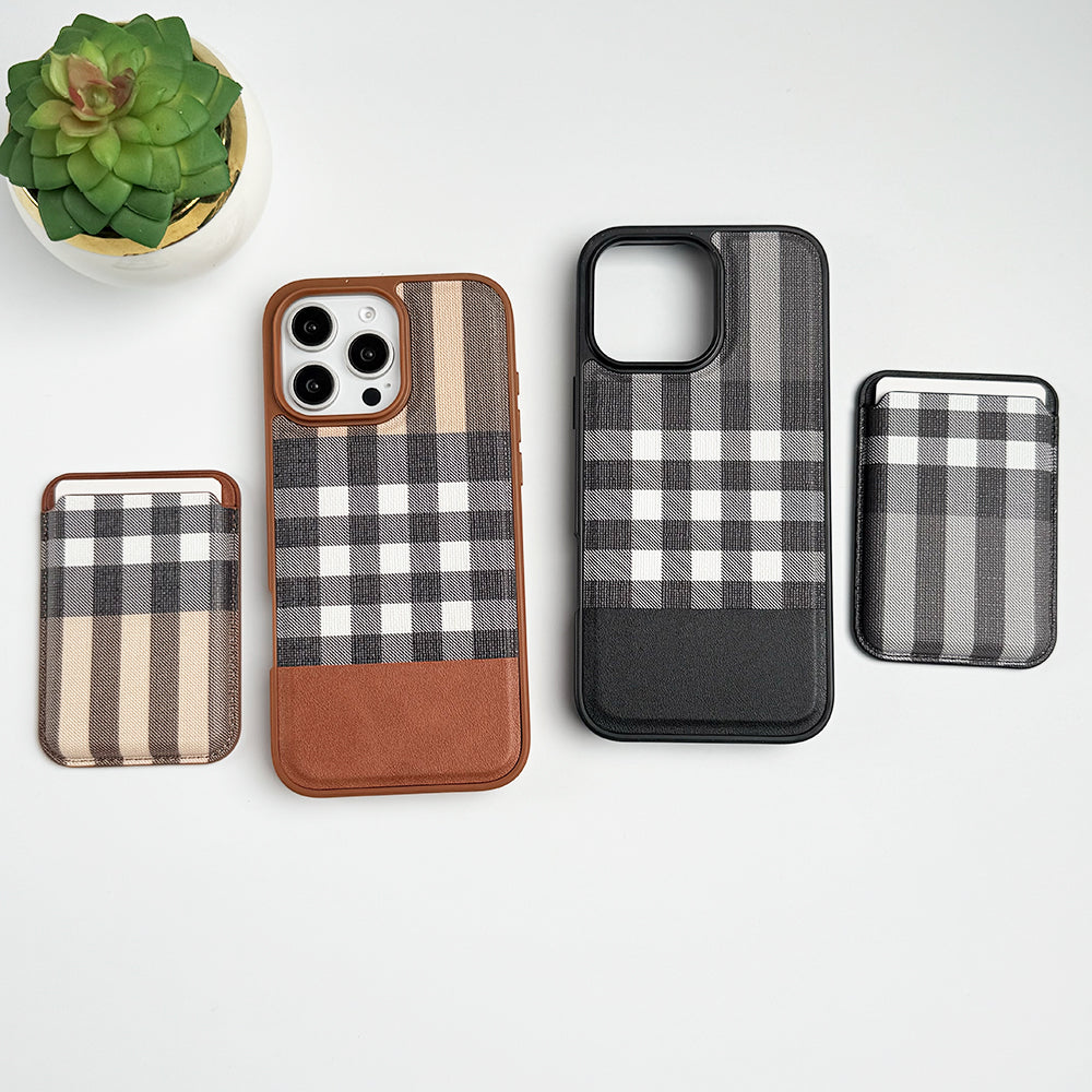 iPhone 16 Series Checks Leather Case With Detachable Magnetic Magsafe Card Holder Cover