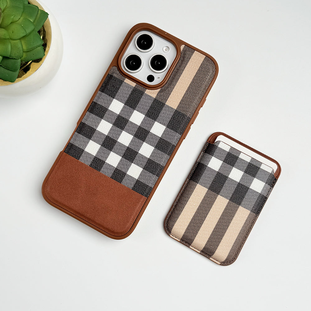 iPhone 16 Series Checks Leather Case With Detachable Magnetic Magsafe Card Holder Cover