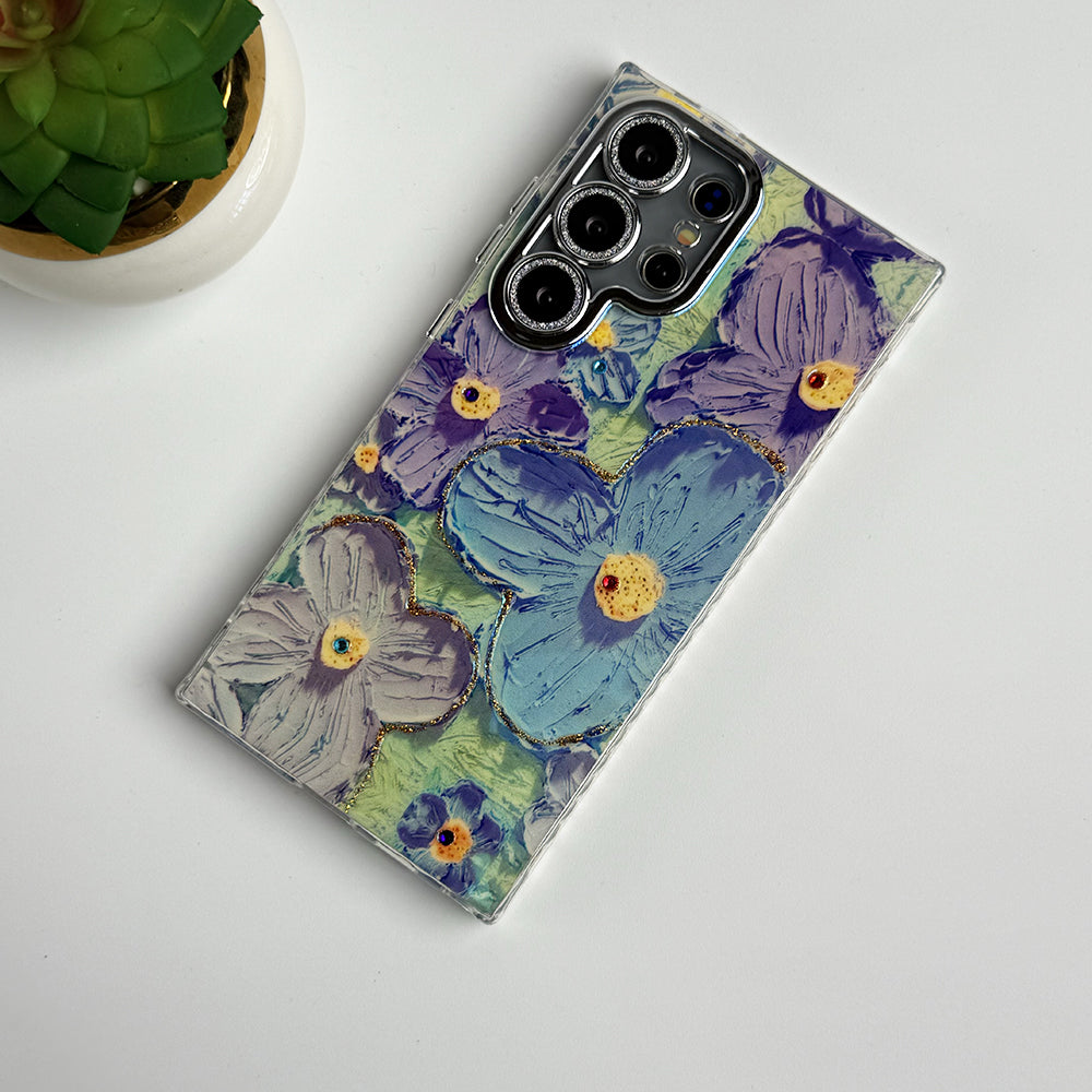 Samsung Galaxy S23 Ultra Luxury 3D Oil Painting Floral Design Glitter Lens Protection Cover