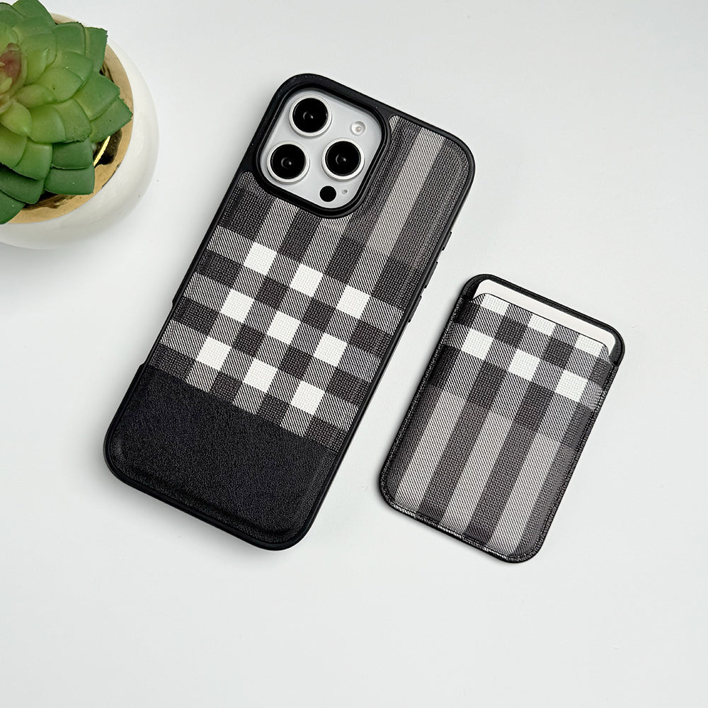 iPhone 16 Series Checks Leather Case With Detachable Magnetic Magsafe Card Holder Cover