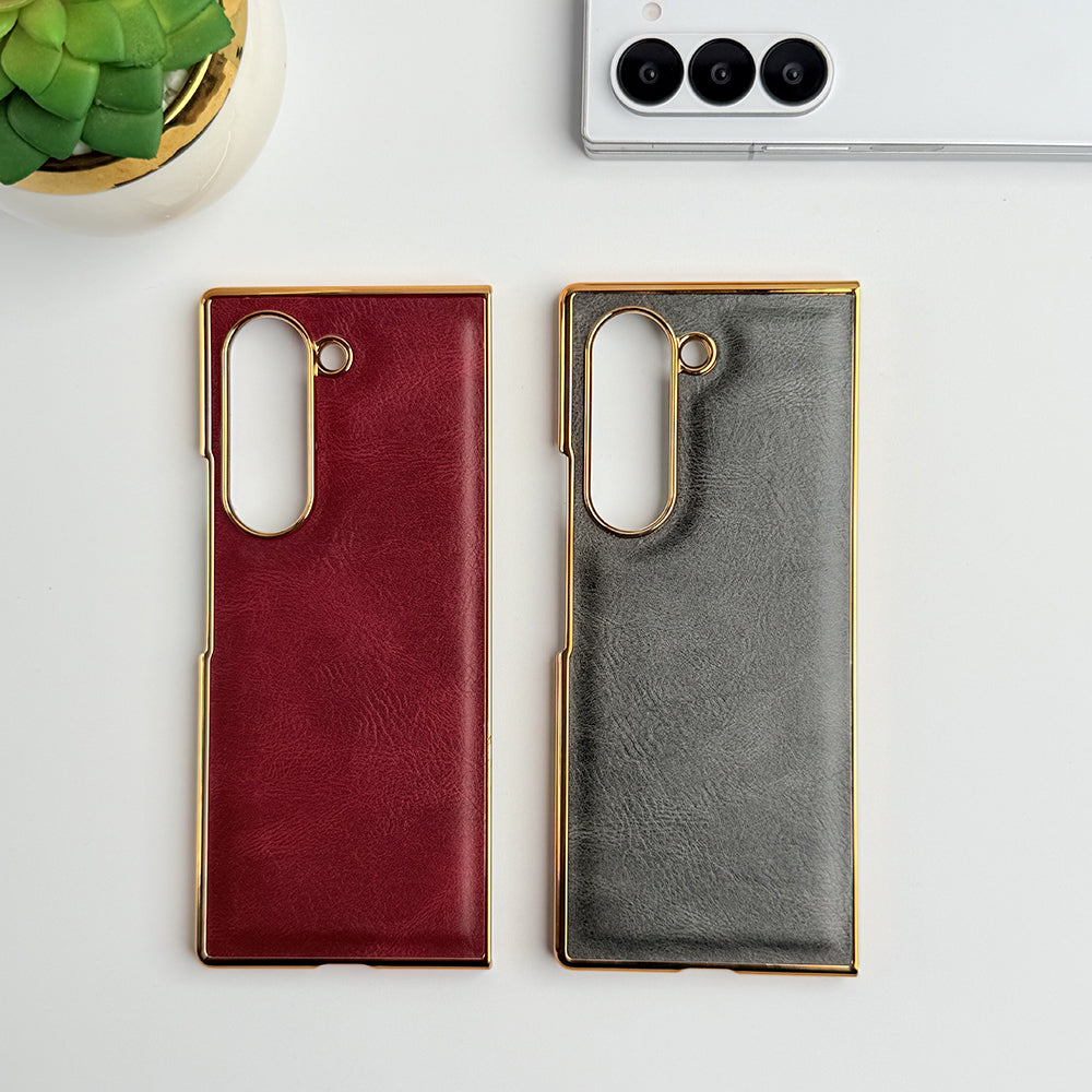 Samsung Galaxy Z Fold 6 Electroplated Chrome Plain Leather Cover