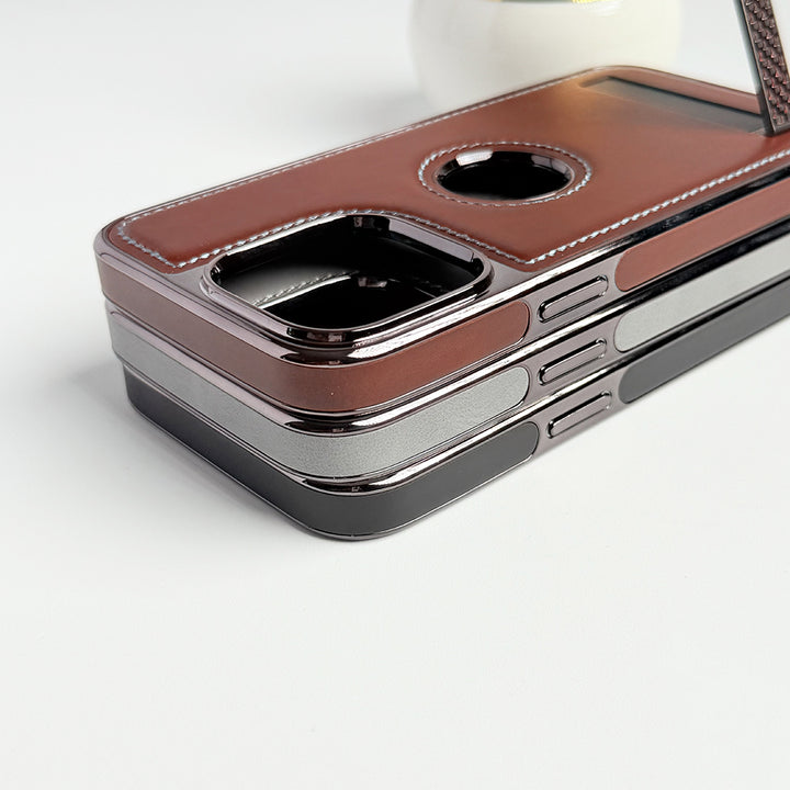 iPhone 14 Series Textured Stripe Stand PU Leather Side Chrome Case Cover