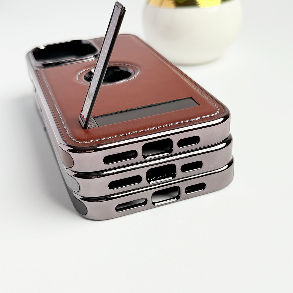 iPhone 14 Series Textured Stripe Stand PU Leather Side Chrome Case Cover