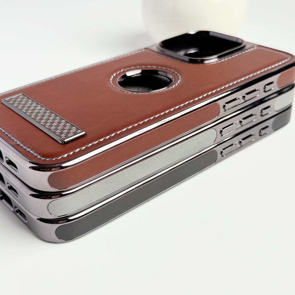 iPhone 14 Series Textured Stripe Stand PU Leather Side Chrome Case Cover