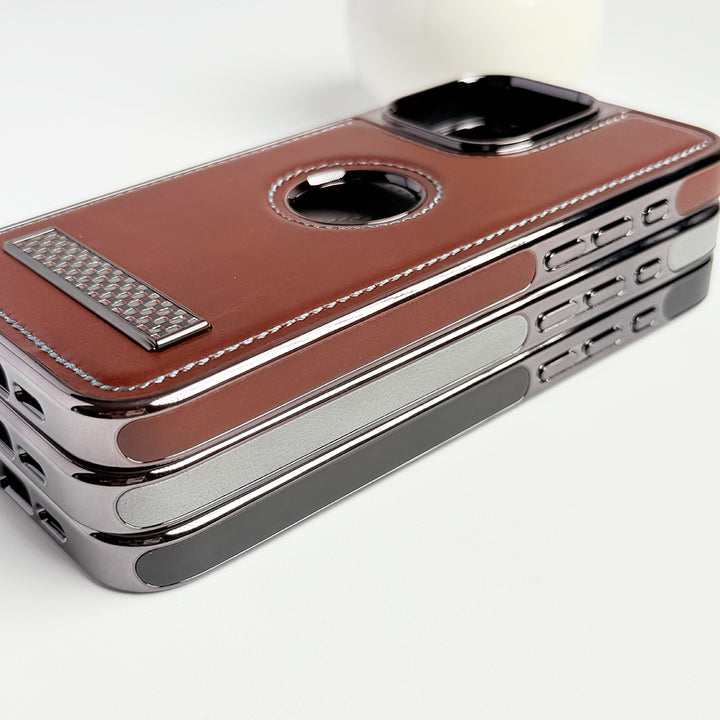 iPhone 14 Series Textured Stripe Stand PU Leather Side Chrome Case Cover