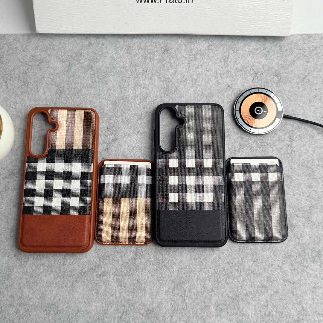 Samsung Galaxy S25 Plus Checks Leather Case With Detachable Magnetic Magsafe Card Holder Cover