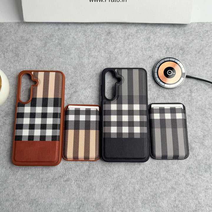 Samsung Galaxy S25 Plus Checks Leather Case With Detachable Magnetic Magsafe Card Holder Cover