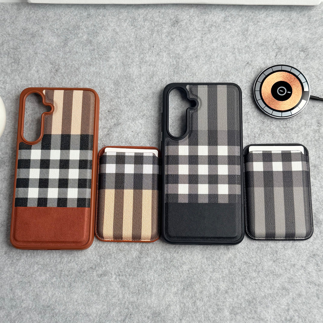 Samsung Galaxy S25 Plus Checks Leather Case With Detachable Magnetic Magsafe Card Holder Cover