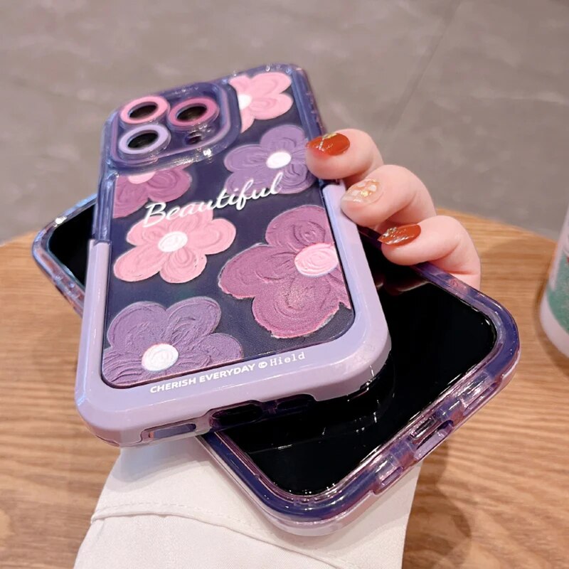 iPhone 16 Series Beautiful Purple Glossy Floral With Kickstand Case Cover