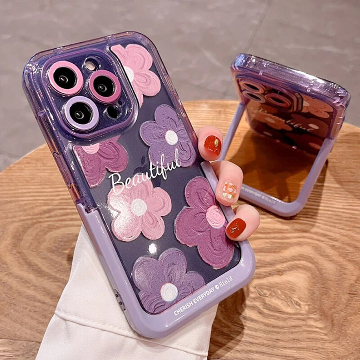 iPhone 16 Series Beautiful Purple Glossy Floral With Kickstand Case Cover