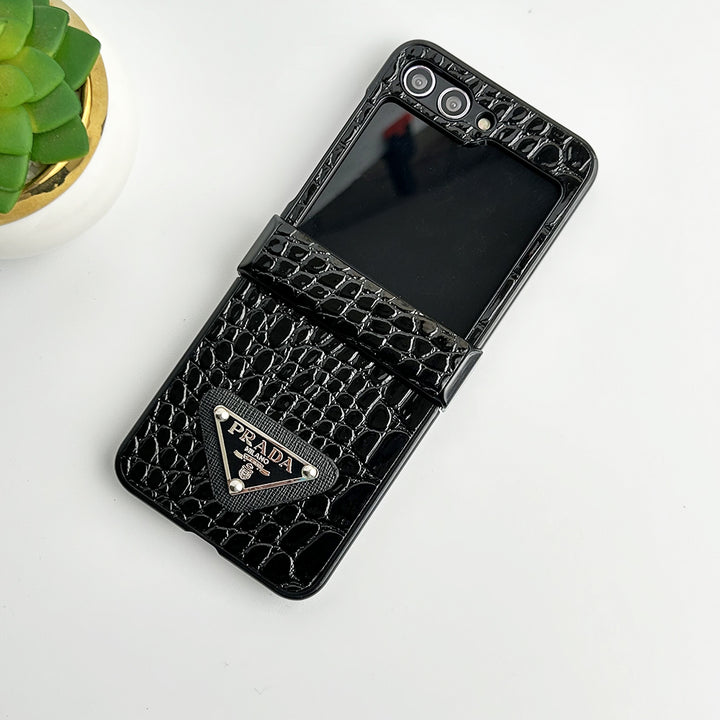 Samsung Galaxy Z Flip 5 Luxury Brand Leather Texture Black Case Cover