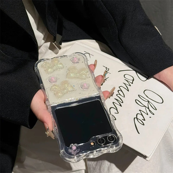 Samsung Galaxy Z Flip 6 Crystal Bow Flower With Pearl Strap Holder