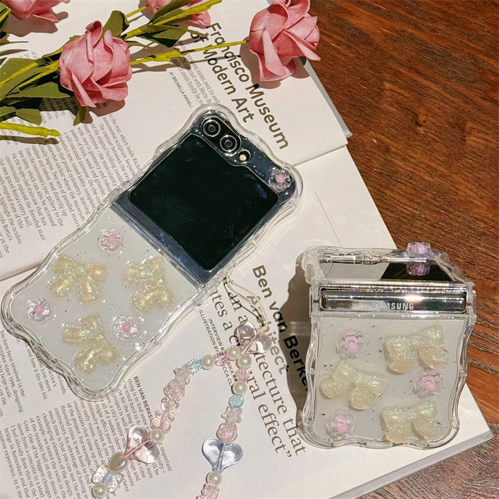 Samsung Galaxy Z Flip 6 Crystal Bow Flower With Pearl Strap Holder