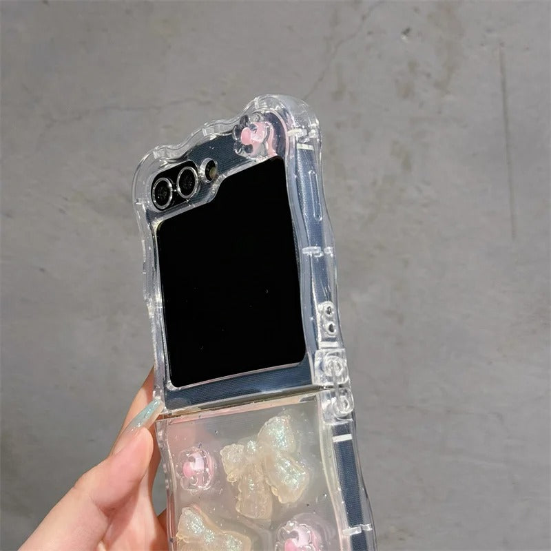 Samsung Galaxy Z Flip 6 Crystal Bow Flower With Pearl Strap Holder