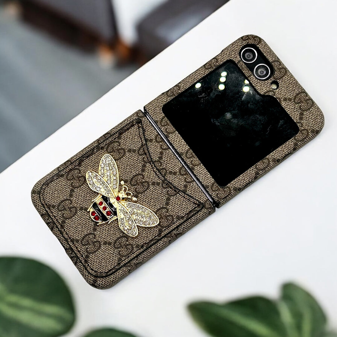 Samsung Galaxy Z Flip 6 Luxury GG 3D BEE Design Card Holder Leather Case Cover