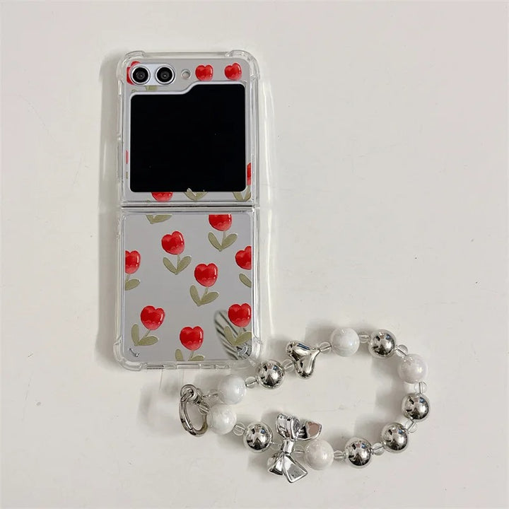 Samsung Galaxy Z Flip 6 Red Floral Tulip Mirror Case With Pearl Holder