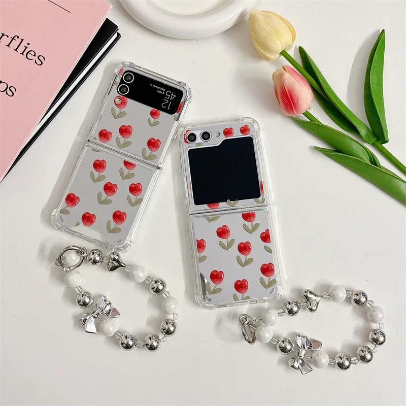 Samsung Galaxy Z Flip 6 Red Floral Tulip Mirror Case With Pearl Holder