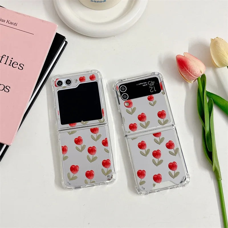 Samsung Galaxy Z Flip 6 Red Floral Tulip Mirror Case With Pearl Holder