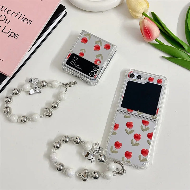 Samsung Galaxy Z Flip 6 Red Floral Tulip Mirror Case With Pearl Holder