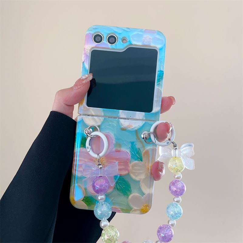 Samsung Galaxy Z Flip 5 Cute Flower Painting Case Cover With Glossy Bow Bracelet