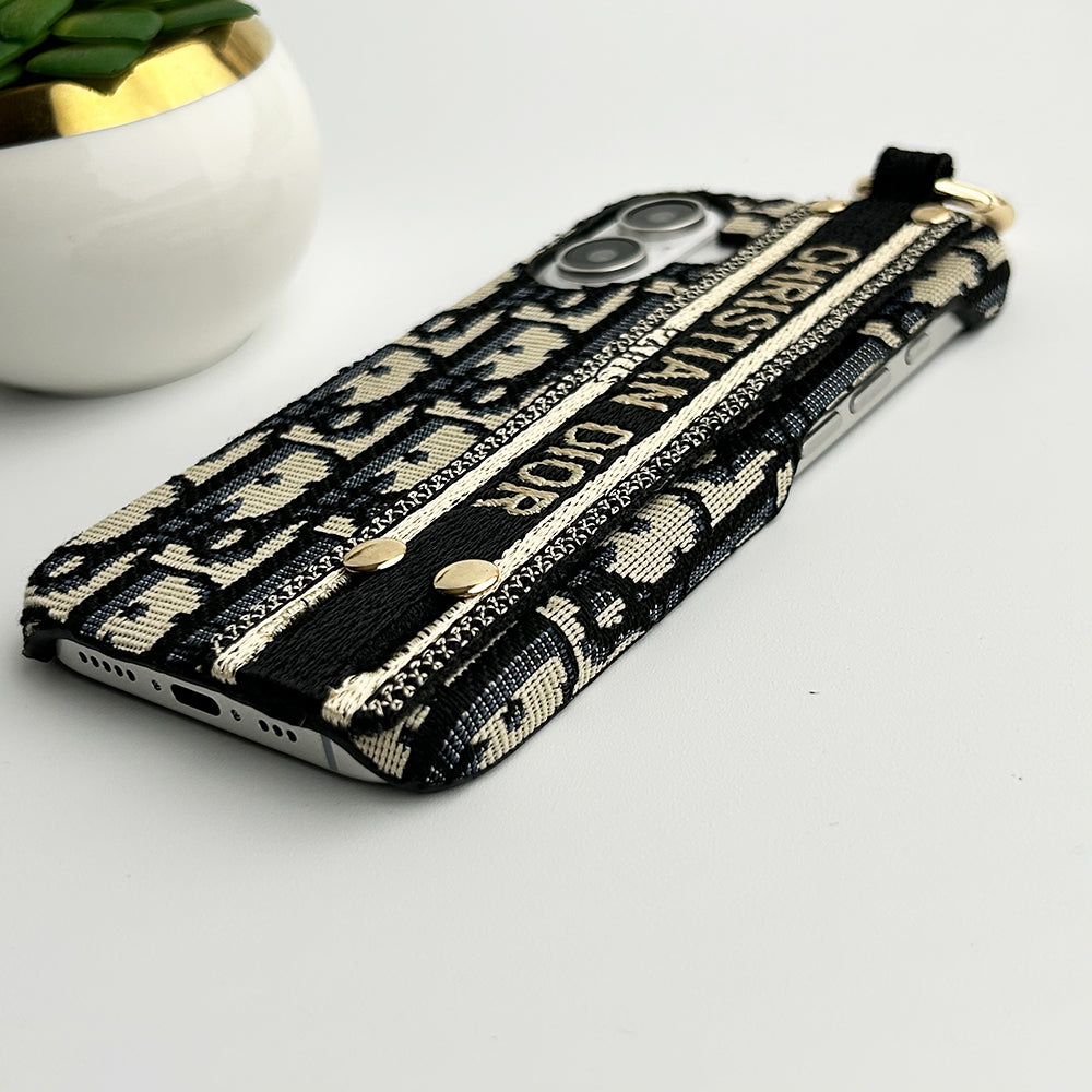 iPhone 16 Series Luxury CD Brand Fabric Design Strap Holder Cover