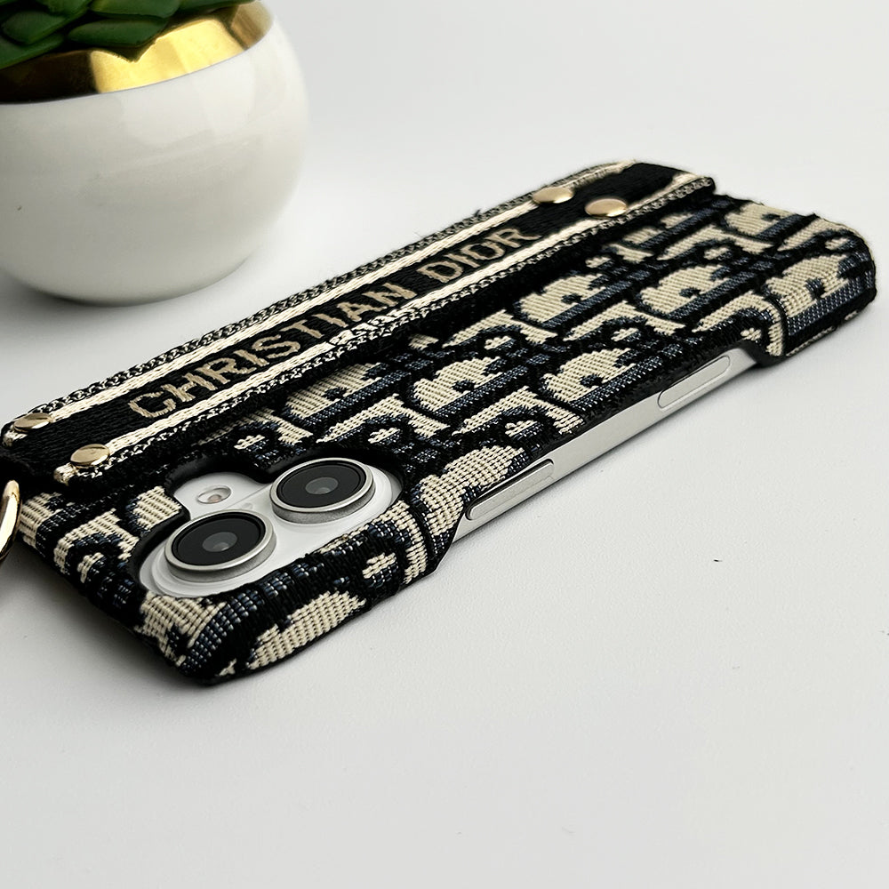 iPhone 16 Series Luxury CD Brand Fabric Design Strap Holder Cover