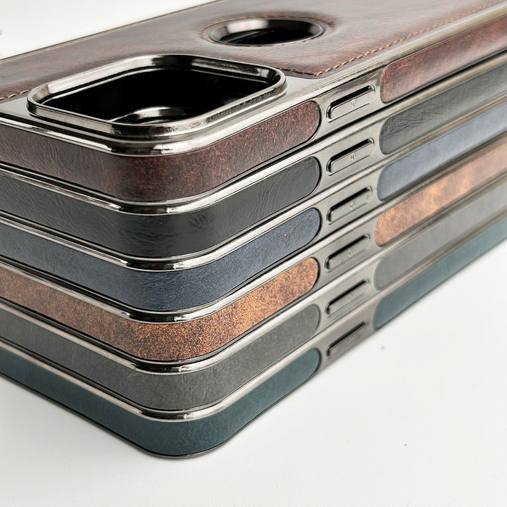 iPhone Textured PU Leather Side Chrome Case Cover