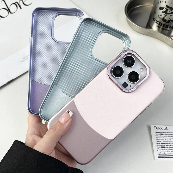 iPhone 15 Series Napa Texture Metallic PC + Leather Phone Case