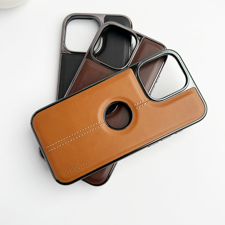 iPhone 16 Series  Logo Cut Chrome Plated PU leather Luxury Case Cover