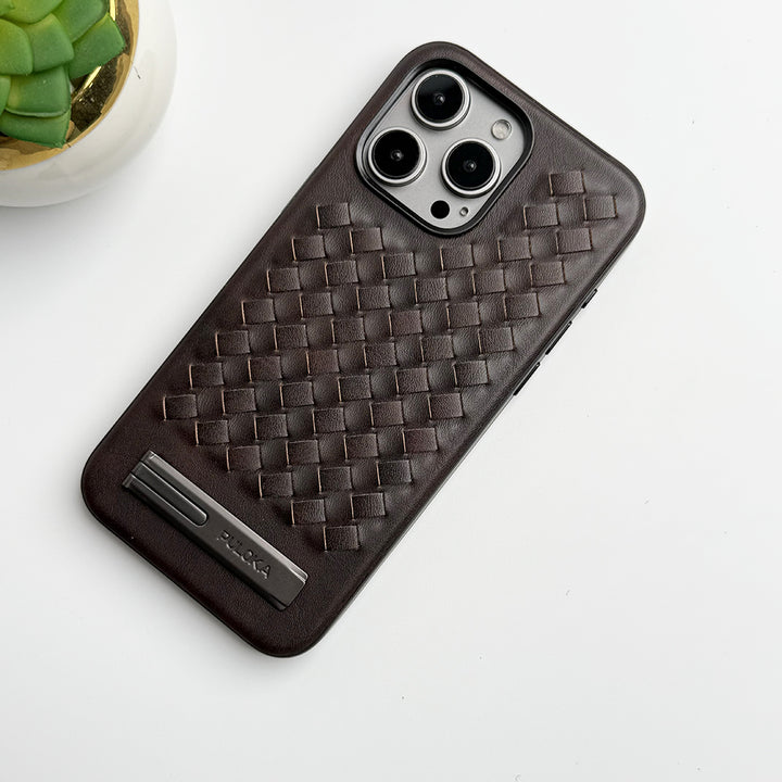 iPhone Weave Leather with Metal Kickstand Slim Back Cover