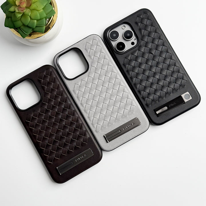 iPhone Weave Leather with Metal Kickstand Slim Back Cover