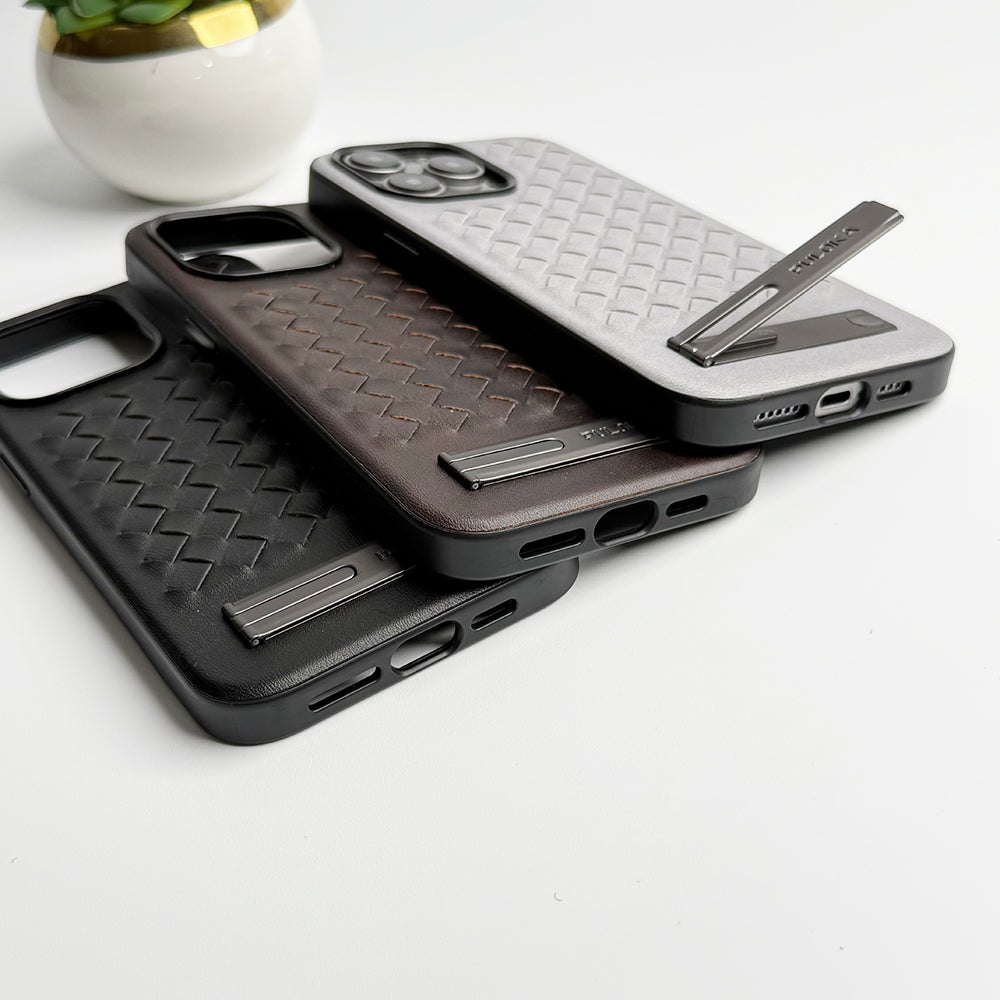 iPhone Weave Leather with Metal Kickstand Slim Back Cover