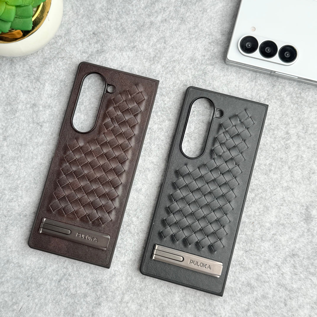 Samsung Galaxy Z Fold 6 PU Weave Leather with Metal Kickstand Slim Back Cover