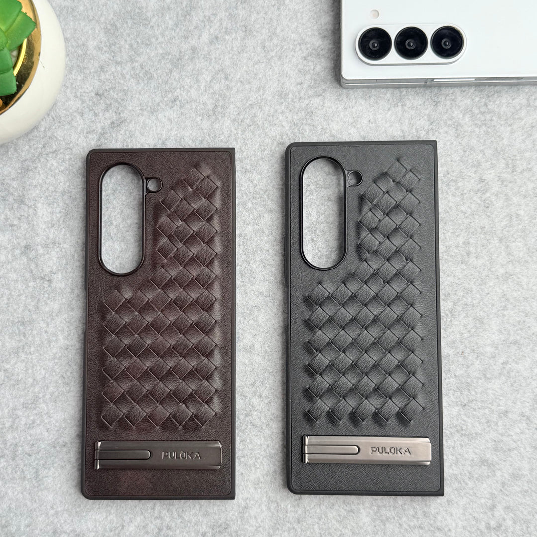 Samsung Galaxy Z Fold 6 PU Weave Leather with Metal Kickstand Slim Back Cover