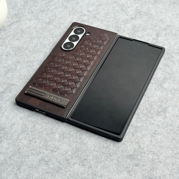 Samsung Galaxy Z Fold 6 PU Weave Leather with Metal Kickstand Slim Back Cover